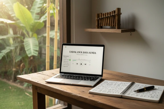 Laptop menampilkan pelajaran online Basa Sunda dengan modul undak-usuk lan bagan Aksara Sunda