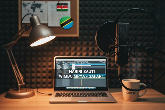 Home recording studio with Kenyan flag and microphone, Swahili script visible on laptop screen