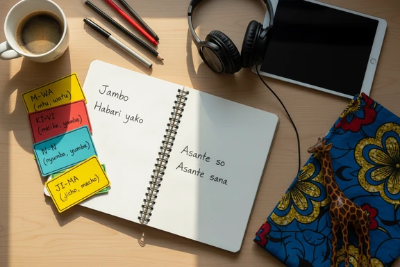 Study desk with Swahili phrasebook, flashcards and over-ear headphones