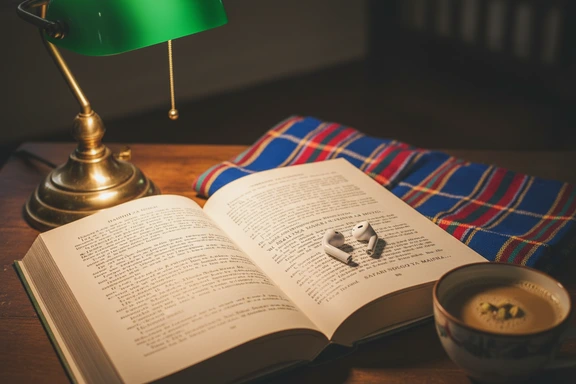 Open book with Swahili text and wireless earbuds on a wooden table