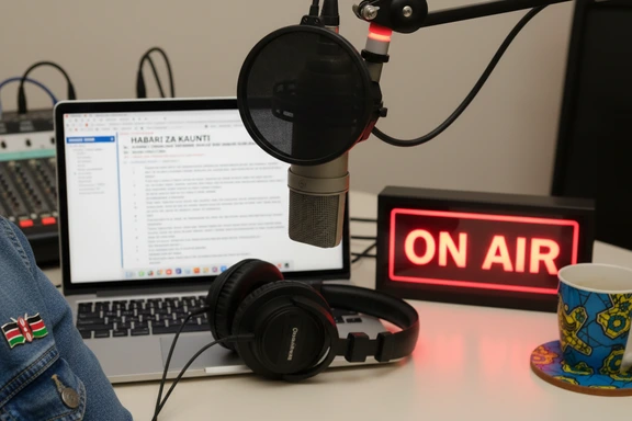 Community radio microphone with on-air sign and Swahili news copy on screen