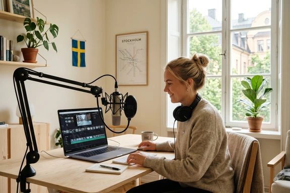 Nuori kreatiivi minimalistisessa kotistudiossa nauhoittaa voiceoveria kondensaattorimikrofonilla