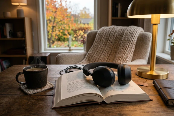 Öppen svensk roman med hörlurar på mörkt ekbord i varmt kvällsljus