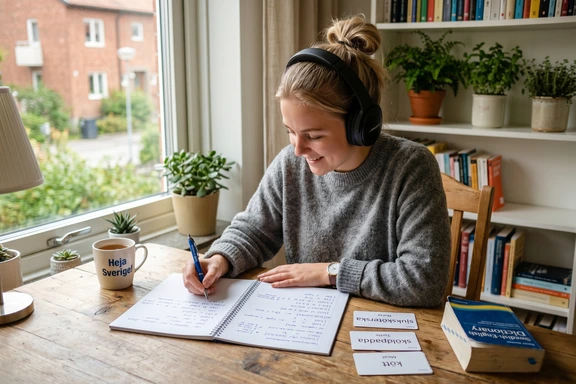 Kielenopiskelija harjoittelee ruotsin ääntämistä kuulokkeilla, muistikirjalla ja flash-korteilla