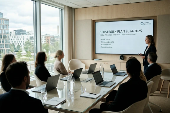 Modernt svenskt konferensrum med företagspresentation på stor skärm och minimalistiska skandinaviska möbler