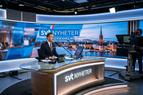 Modern nyhetsstudio i svensk stil med mikrofon och skärm med grafik över Stockholm och Riddarholmen