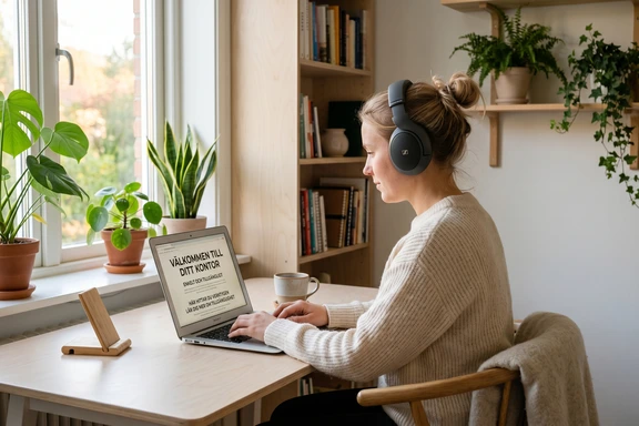 Henkilö käyttää ruudunlukijaa kuulokkeilla kannettavalla tietokoneella, jossa saavutettavaa ruotsinkielistä tekstiä