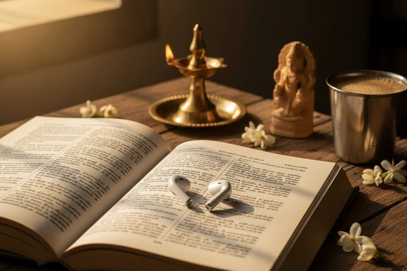 Open Tamil book with headphones on wooden desk