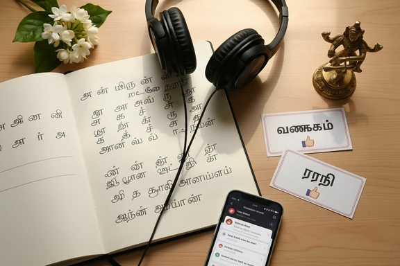 Study desk with Tamil script flashcards and headphones