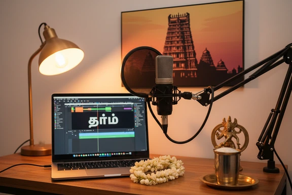 Home recording studio with microphone and Tamil script on monitor