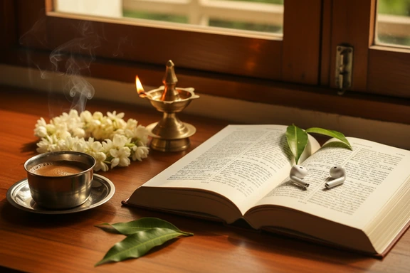 Open Telugu book with headphones in Andhra home setting with jasmine garland