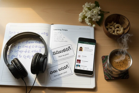 Study desk with Telugu script flashcards and headphones