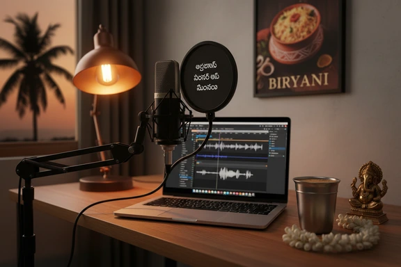 Home recording studio with microphone and Telugu script on monitor, Hyderabad creator setting