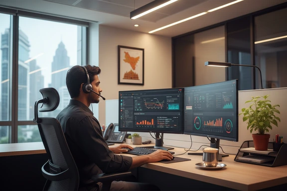 Modern Hyderabad call centre workstation with Telugu IVR dashboard