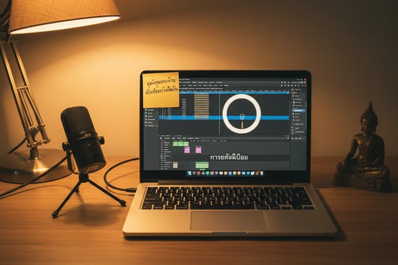 태국 문자가 보이는 모니터와 링 라이트가 있는 홈 스튜디오