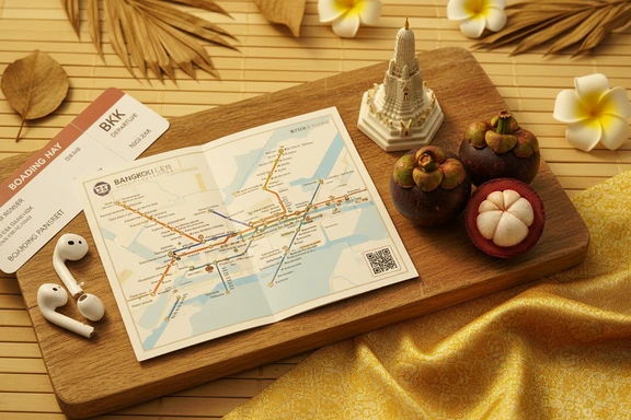 방콕 지도와 왓 아룬 미니어처, 이어버드가 놓인 여행 플랫레이