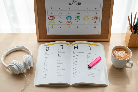 성조 차트와 교재, 헤드폰이 있는 태국어 학습 책상