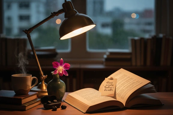 ต้นฉบับนิยายไทยพร้อมโคมไฟอบอุ่นและดอกกล้วยไม้