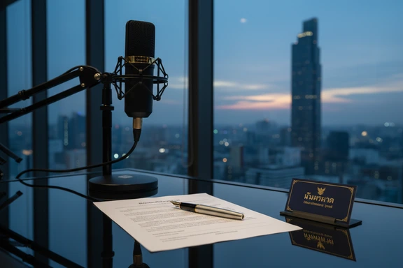 เส้นขอบฟ้ากรุงเทพยามค่ำพร้อมไมโครโฟนบนโต๊ะ