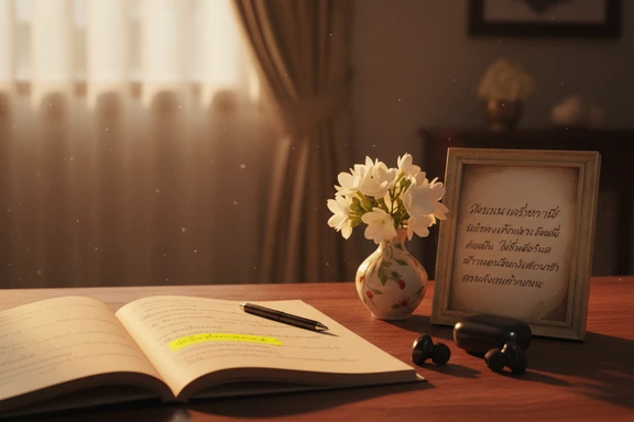 Naskah drama Thai dengan pencahayaan hangat dan bunga melati