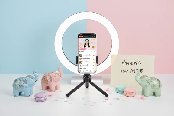 เซตไลฟ์สตรีมขายของพร้อมไฟวงแหวนและการ์ดสินค้า