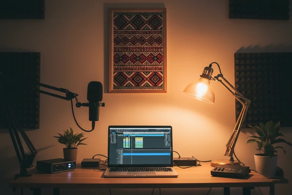 Home studio with video timeline and Ukrainian embroidery accents on the wall