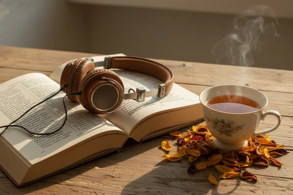 Open hardcover book of Ukrainian poetry with headphones and a porcelain cup of tea