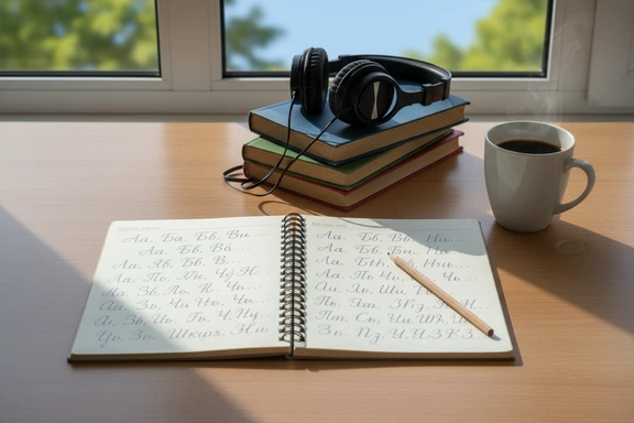 Student desk with Ukrainian alphabet notebook and headphones beside a cup of coffee