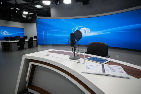 Clean news desk with studio microphone and broadcast monitor