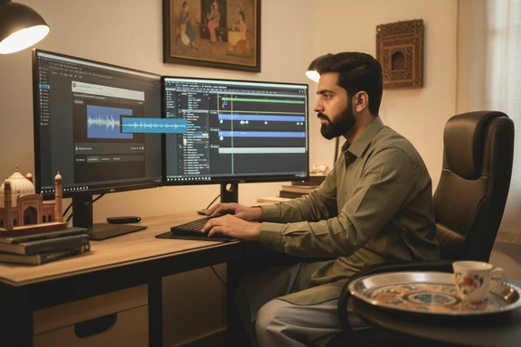 Pakistani broadcast and news voiceover — Islamabad studio desk with teleprompter and microphone