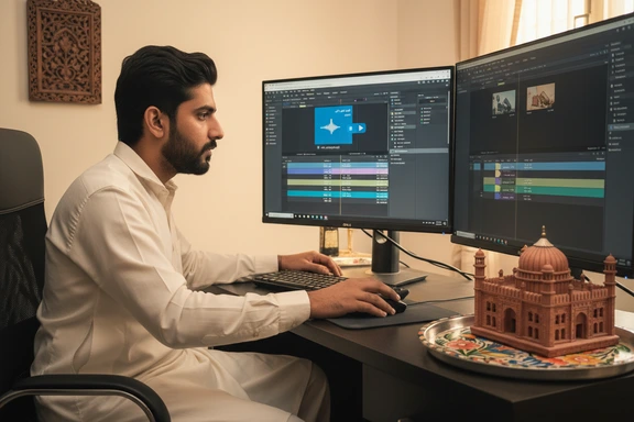 Urdu drama and YouTube content creation — Karachi creator editing with a waveform on screen