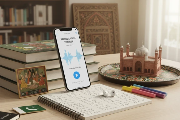 Urdu e-learning flashcards — Nastaliq workbook, headphones and a tablet running a pronunciation app