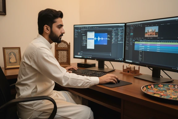 Pakistani literature audiobook — open Nastaliq poetry collection with a reading lamp and vintage microphone