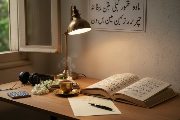 Open Urdu textbook in Nastaliq script with headphones and warm reading lamp on a wooden desk