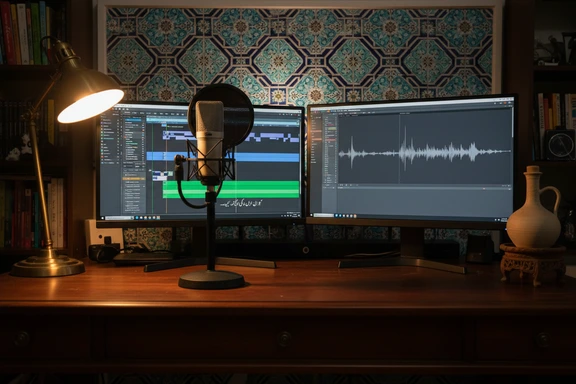 Home studio with condenser microphone and video editing timeline featuring Urdu Nastaliq subtitles