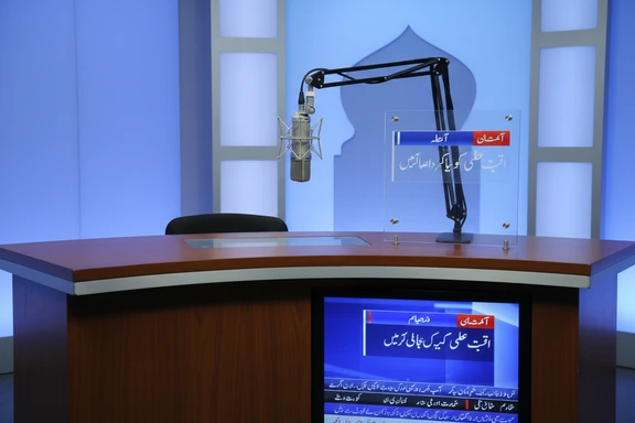Broadcast desk with radio microphone, teleprompter showing Urdu Nastaliq script and a soft blue news ticker