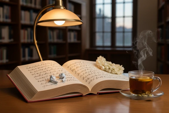 Open hardback book showing Urdu calligraphy with earbuds and a glass of cardamom chai on a wooden desk
