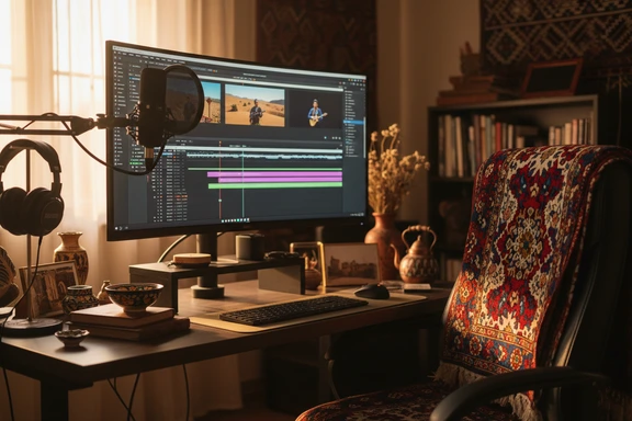 Home studio with video editing timeline and Uzbek voiceover waveform