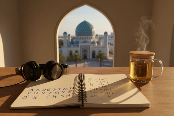 Student desk with Uzbek Latin alphabet notes and headphones