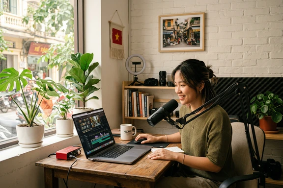 Young Vietnamese content creator recording a voiceover in a Hanoi home studio with microphone and laptop
