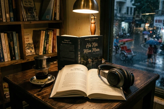 Open Vietnamese novel with headphones and warm lamplight on a wooden table