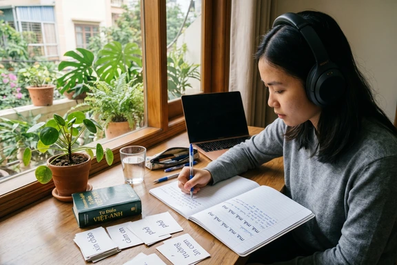 Language student practicing Vietnamese pronunciation with headphones and a notebook showing tone marks