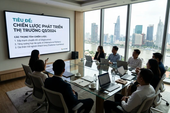 Modern Vietnamese corporate meeting room with a business presentation slide in Vietnamese on a large screen