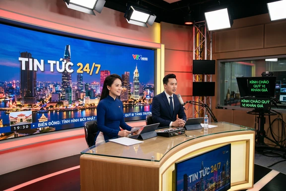 Studio tin tức hiện đại với b&agrave;n ph&aacute;t thanh vi&ecirc;n v&agrave; micro trường quay