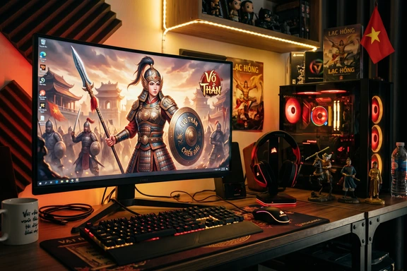 Kh&ocirc;ng gian chơi game với m&agrave;n h&igrave;nh hiển thị nh&acirc;n vật game Việt Nam v&agrave; tai nghe gaming
