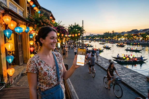 ホイアンの古い街にある乘見周りの旅行者はスマートフォンを持っています
