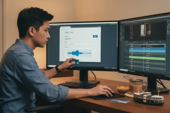 HK film and TVB voice over — broadcast studio microphone with HK skyline and Cantopop stage lighting