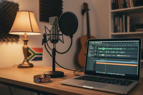 Home studio with microphone and isiZulu script on editing timeline