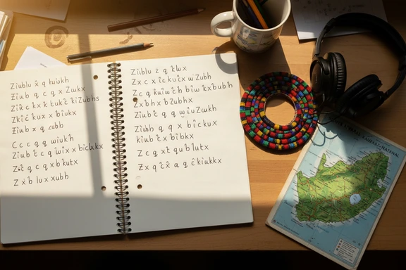 Study desk with isiZulu flashcards and headphones, Zulu beadwork decoration