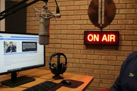 Radio broadcasting setup with microphone, on-air sign and isiZulu text